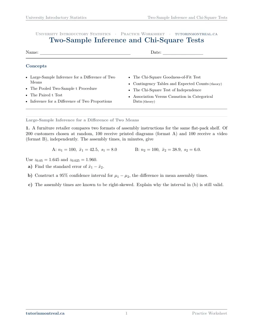 Page 1 of the University Introductory Statistics Two-Sample Inference and Chi-Square Tests practice worksheet