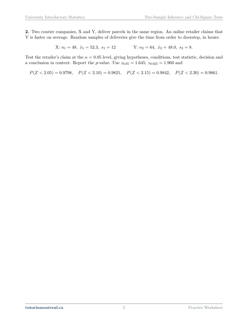 Page 2 of the University Introductory Statistics Two-Sample Inference and Chi-Square Tests practice worksheet