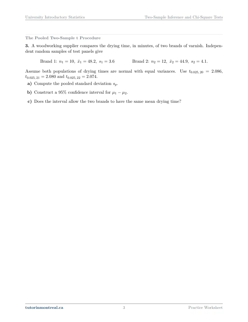 Page 3 of the University Introductory Statistics Two-Sample Inference and Chi-Square Tests practice worksheet