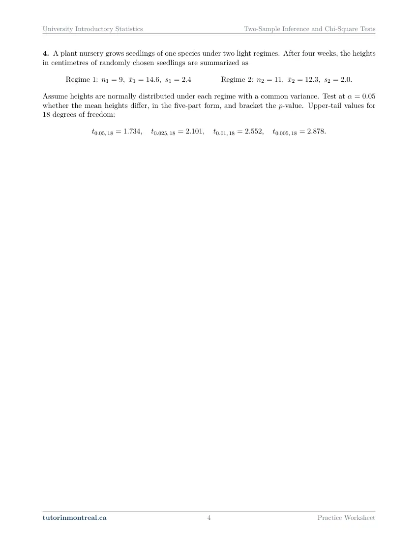 Page 4 of the University Introductory Statistics Two-Sample Inference and Chi-Square Tests practice worksheet