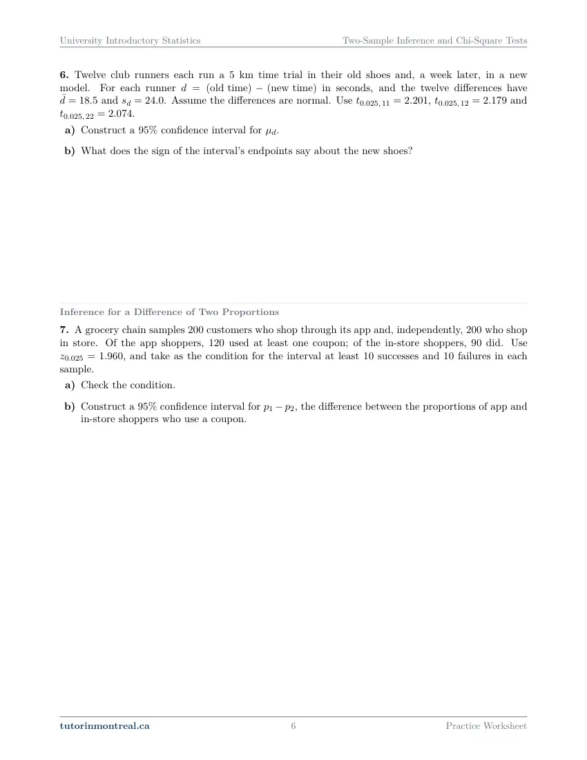 Page 6 of the University Introductory Statistics Two-Sample Inference and Chi-Square Tests practice worksheet