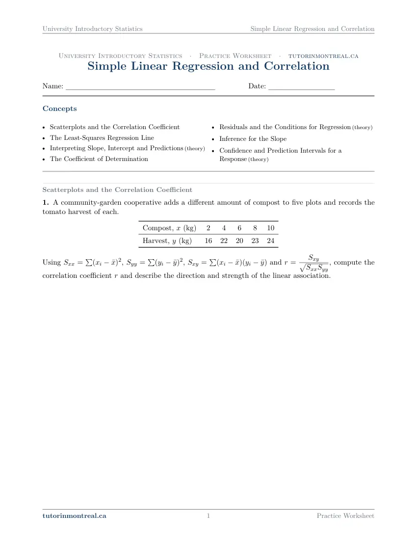 Page 1 of the University Introductory Statistics Simple Linear Regression and Correlation practice worksheet