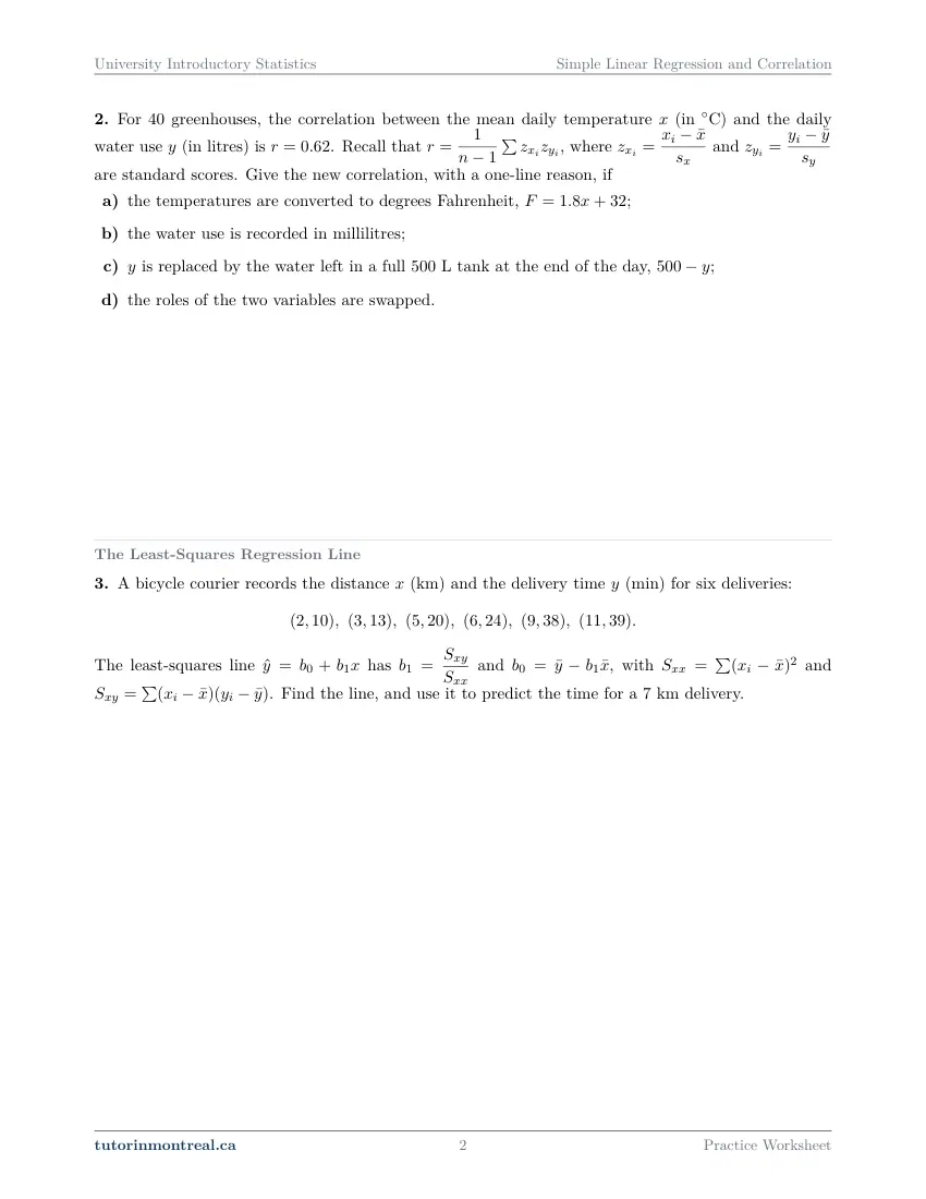 Page 2 of the University Introductory Statistics Simple Linear Regression and Correlation practice worksheet