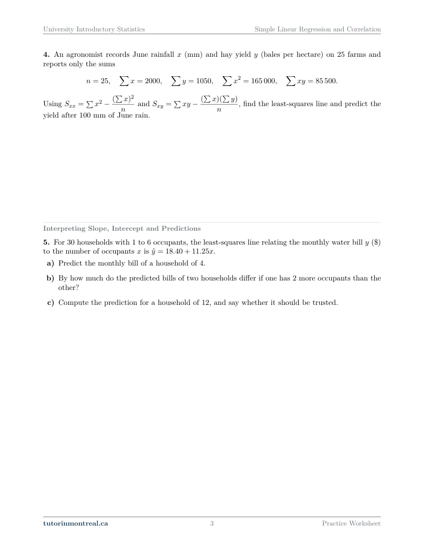 Page 3 of the University Introductory Statistics Simple Linear Regression and Correlation practice worksheet