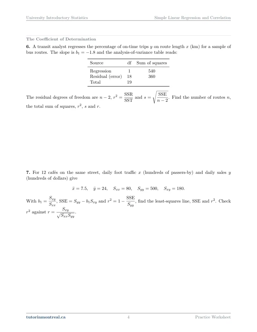 Page 4 of the University Introductory Statistics Simple Linear Regression and Correlation practice worksheet