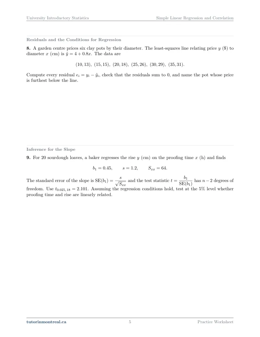 Page 5 of the University Introductory Statistics Simple Linear Regression and Correlation practice worksheet