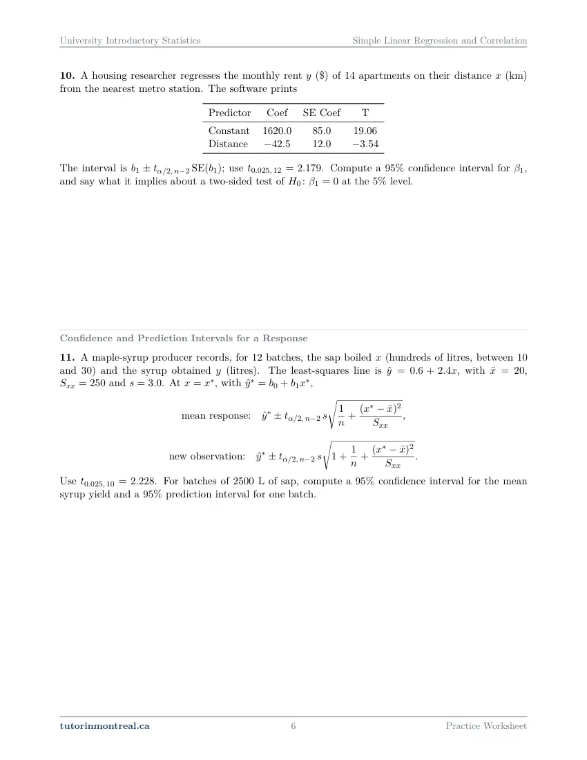 Page 6 of the University Introductory Statistics Simple Linear Regression and Correlation practice worksheet