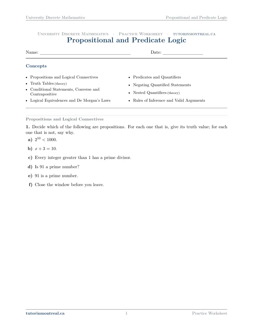 Page 1 of the University Discrete Math Propositional and Predicate Logic practice worksheet