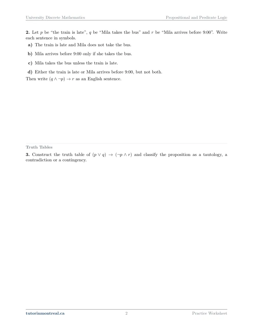 Page 2 of the University Discrete Math Propositional and Predicate Logic practice worksheet