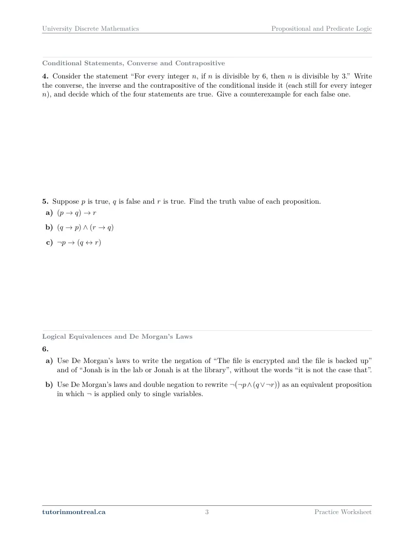 Page 3 of the University Discrete Math Propositional and Predicate Logic practice worksheet
