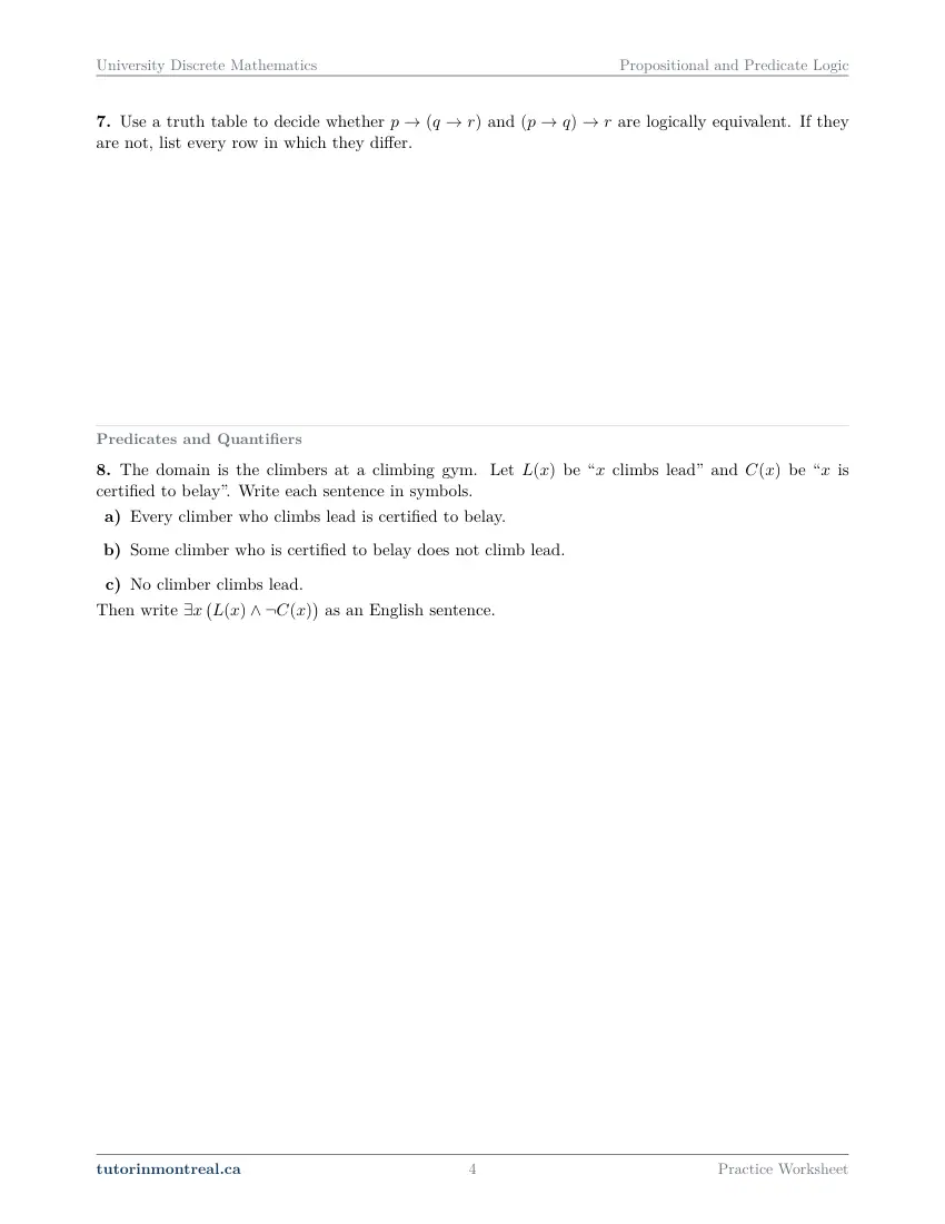 Page 4 of the University Discrete Math Propositional and Predicate Logic practice worksheet