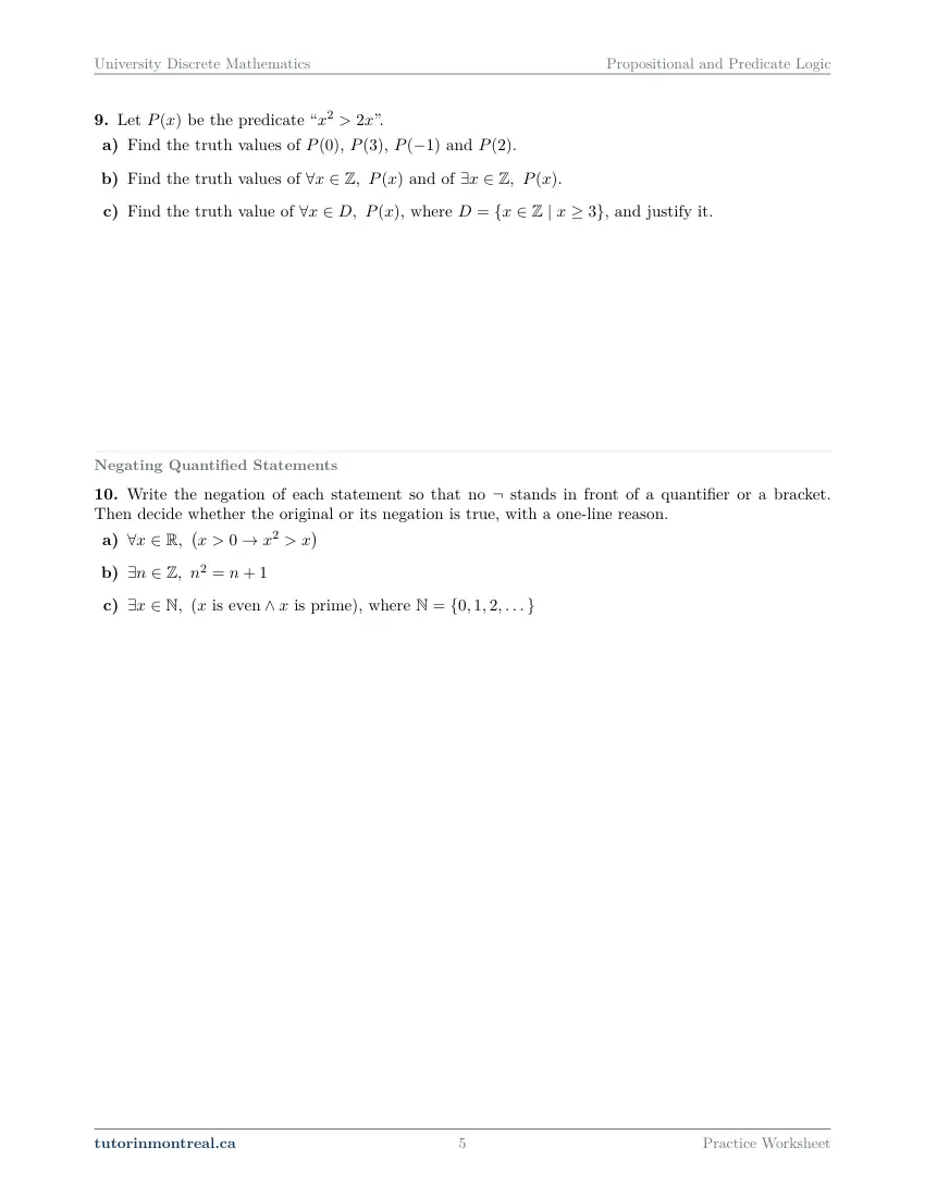 Page 5 of the University Discrete Math Propositional and Predicate Logic practice worksheet