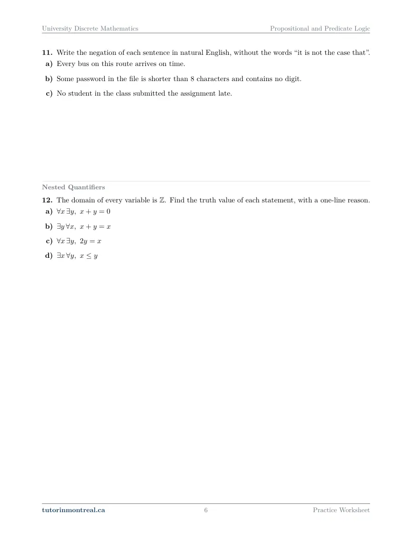 Page 6 of the University Discrete Math Propositional and Predicate Logic practice worksheet