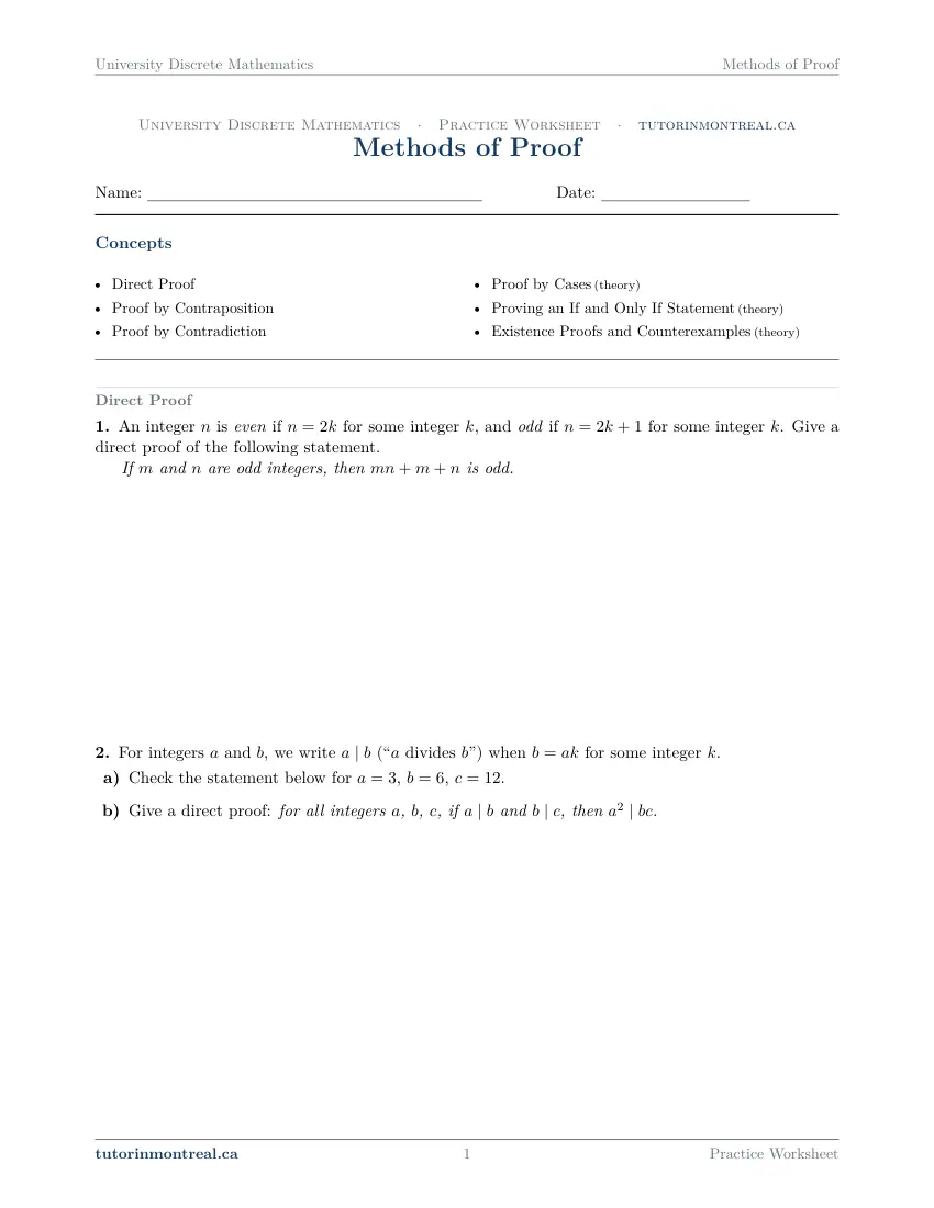 Page 1 of the University Discrete Math Methods of Proof practice worksheet