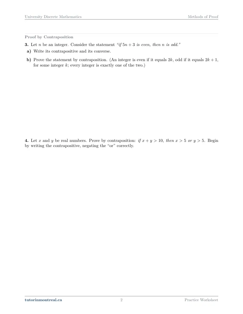 Page 2 of the University Discrete Math Methods of Proof practice worksheet