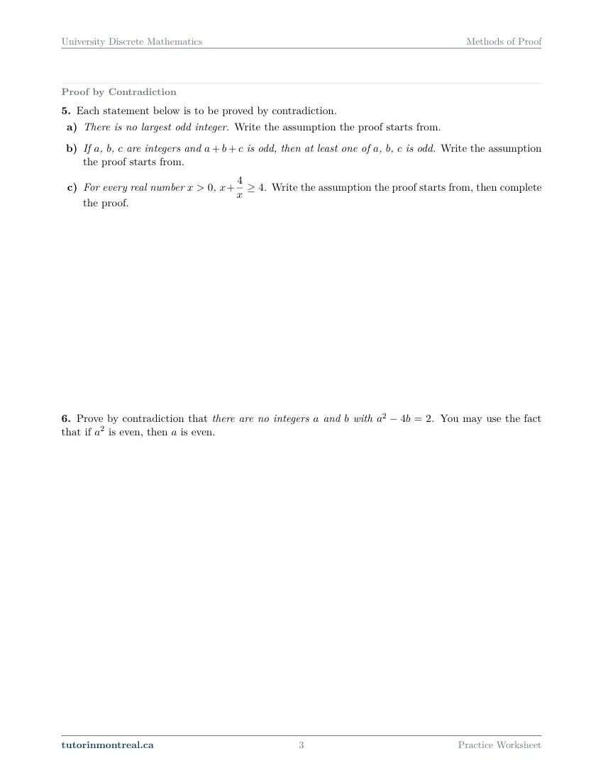 Page 3 of the University Discrete Math Methods of Proof practice worksheet