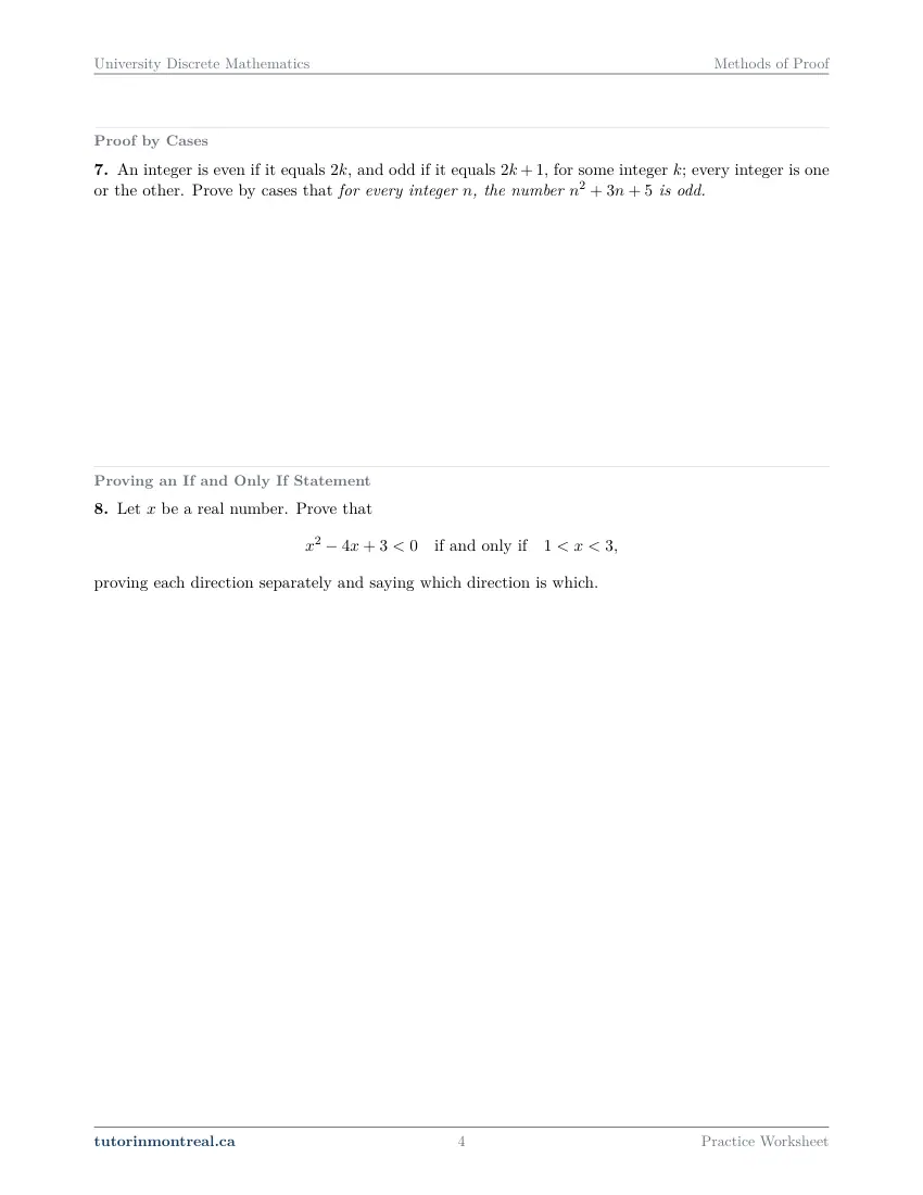 Page 4 of the University Discrete Math Methods of Proof practice worksheet