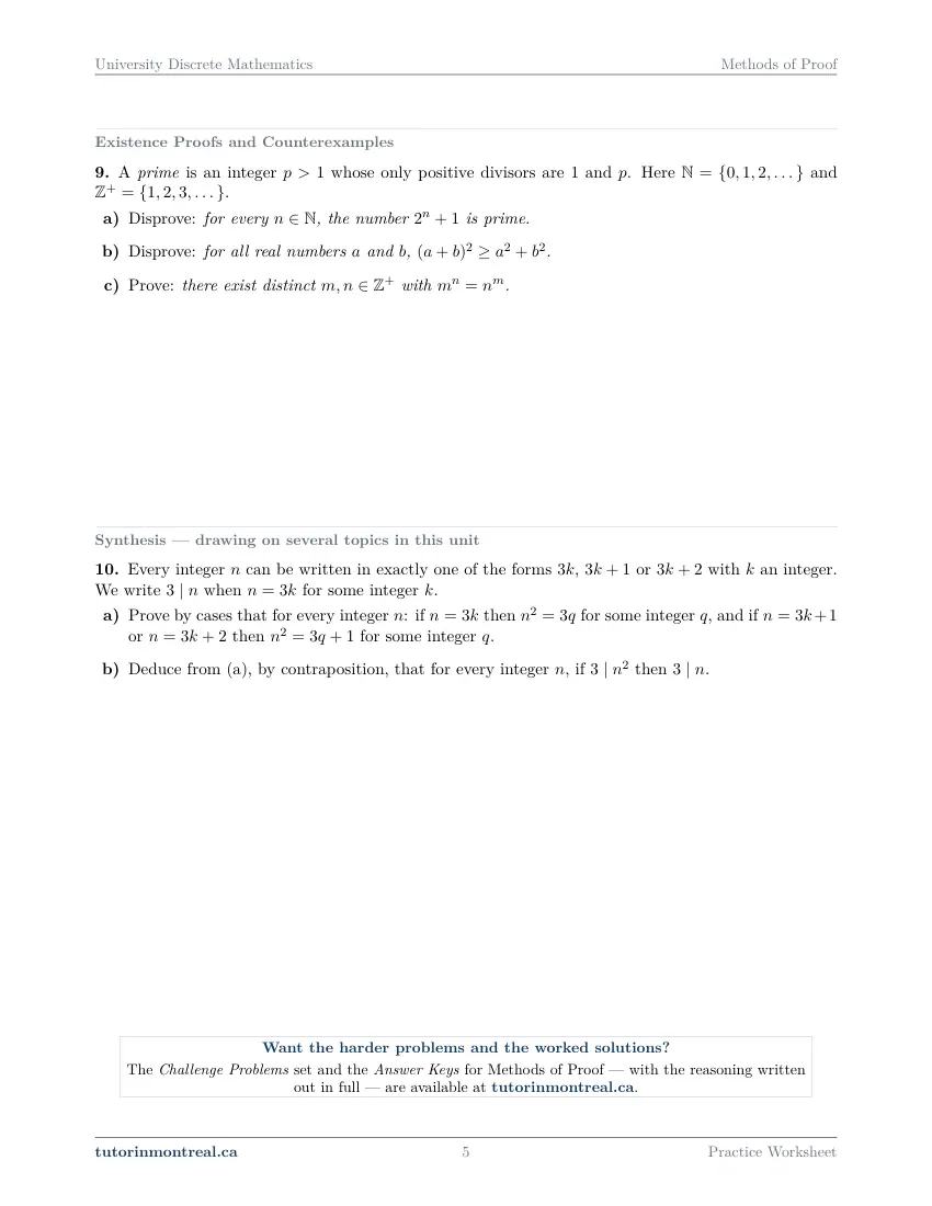 Page 5 of the University Discrete Math Methods of Proof practice worksheet