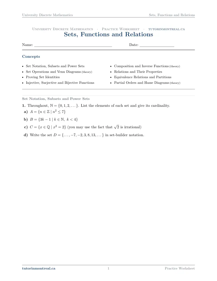 Page 1 of the University Discrete Math Sets, Functions and Relations practice worksheet