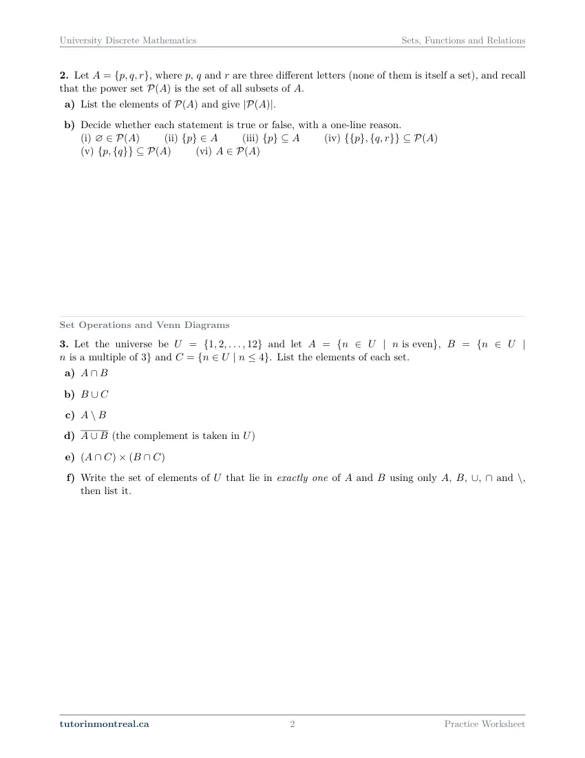 Page 2 of the University Discrete Math Sets, Functions and Relations practice worksheet