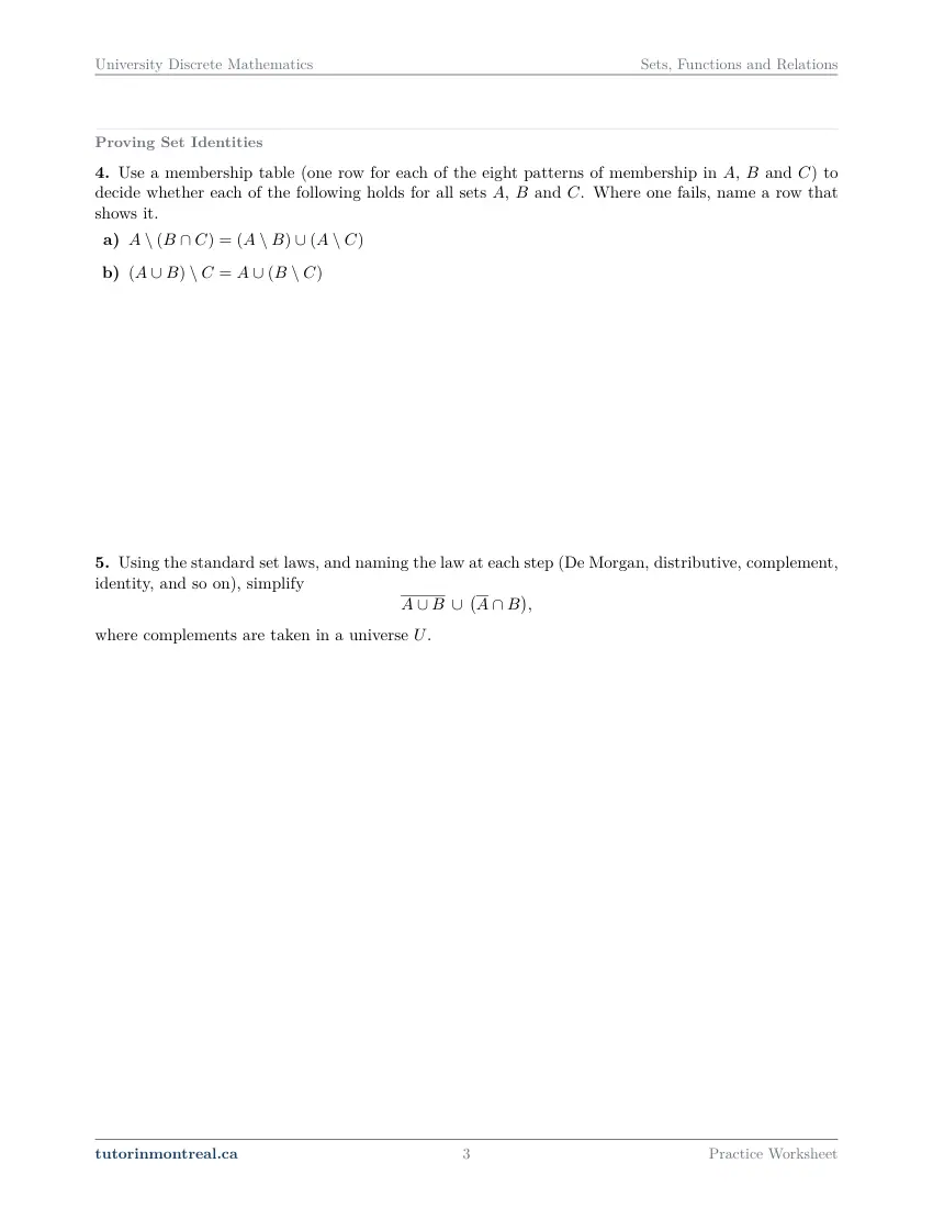 Page 3 of the University Discrete Math Sets, Functions and Relations practice worksheet