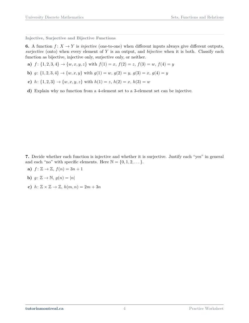 Page 4 of the University Discrete Math Sets, Functions and Relations practice worksheet