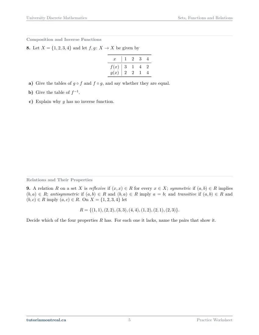 Page 5 of the University Discrete Math Sets, Functions and Relations practice worksheet
