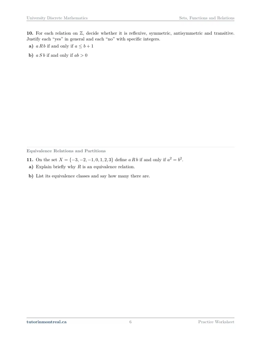Page 6 of the University Discrete Math Sets, Functions and Relations practice worksheet