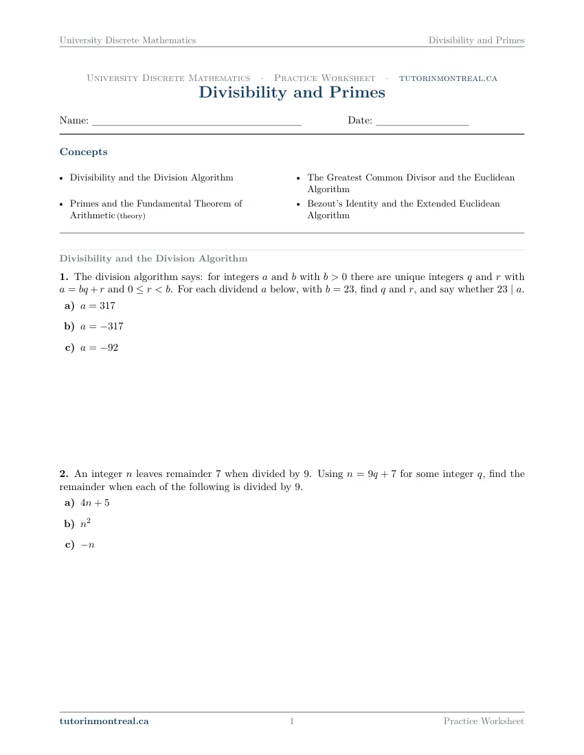 Page 1 of the University Discrete Math Divisibility and Primes practice worksheet