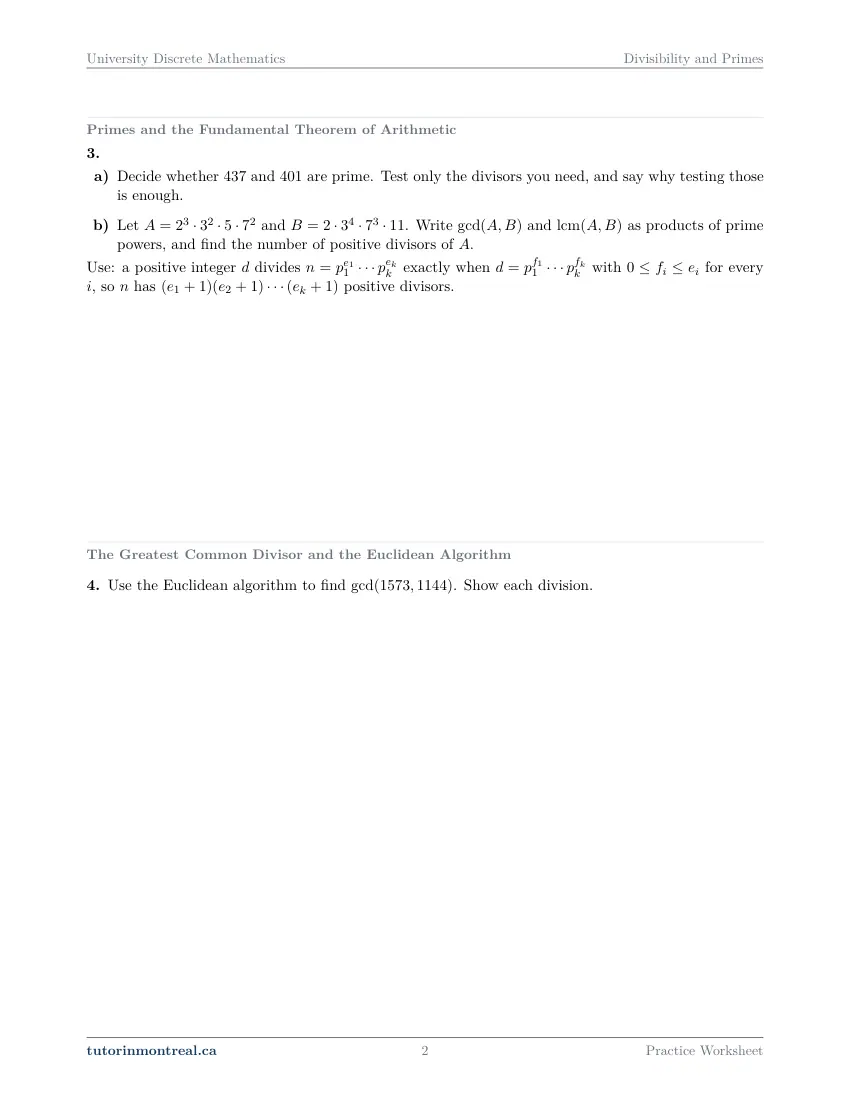 Page 2 of the University Discrete Math Divisibility and Primes practice worksheet
