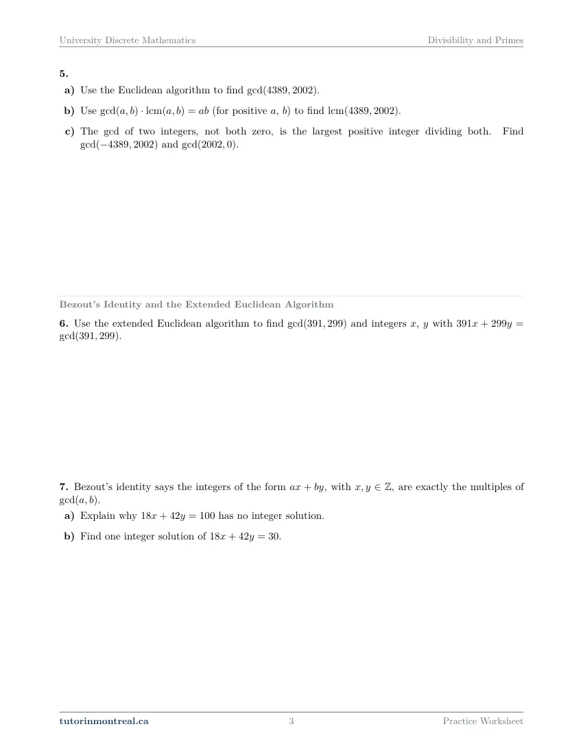 Page 3 of the University Discrete Math Divisibility and Primes practice worksheet