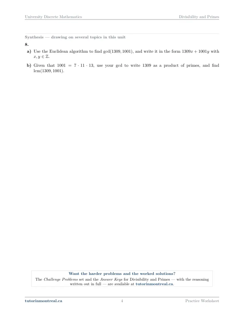 Page 4 of the University Discrete Math Divisibility and Primes practice worksheet