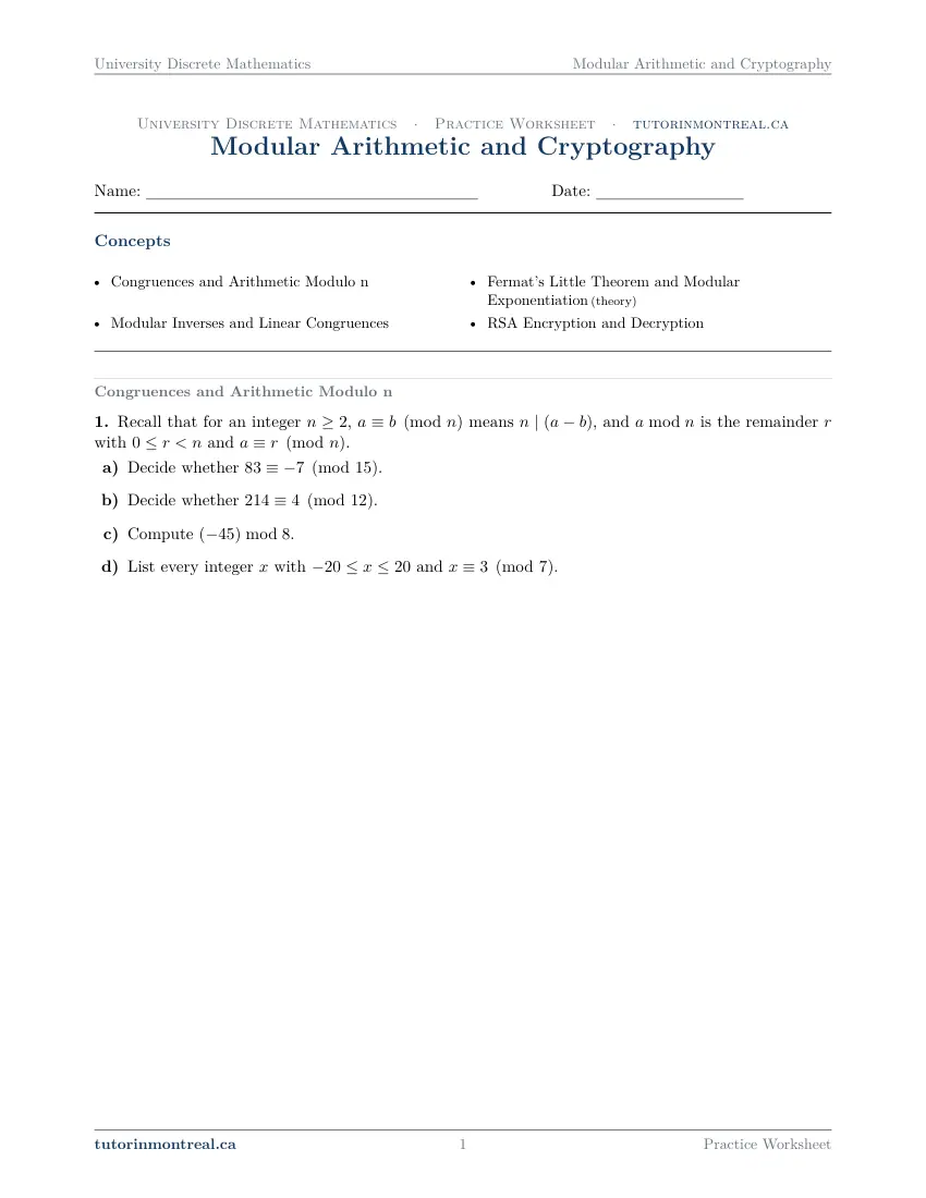 Page 1 of the University Discrete Math Modular Arithmetic and Cryptography practice worksheet