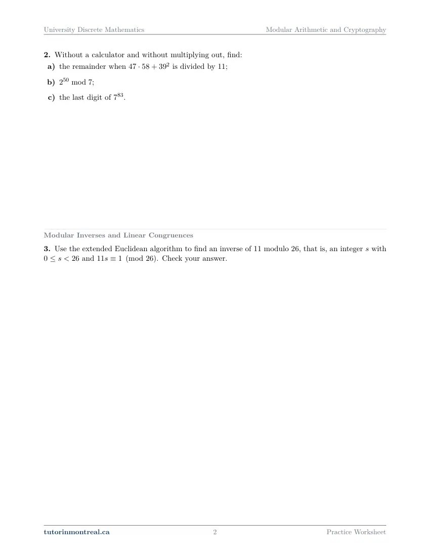 Page 2 of the University Discrete Math Modular Arithmetic and Cryptography practice worksheet