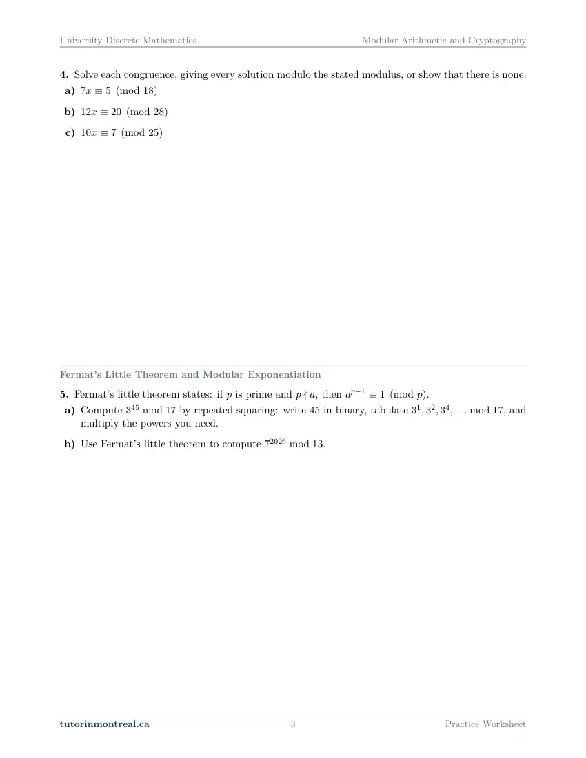 Page 3 of the University Discrete Math Modular Arithmetic and Cryptography practice worksheet
