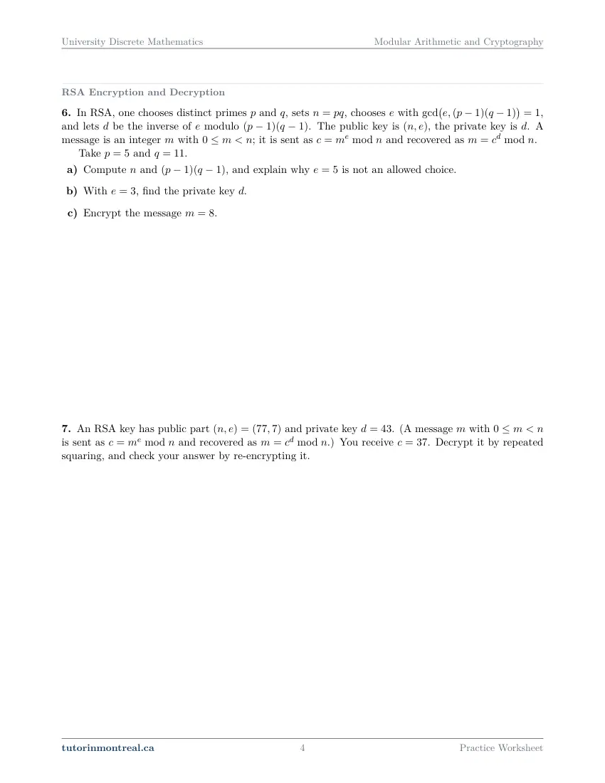 Page 4 of the University Discrete Math Modular Arithmetic and Cryptography practice worksheet