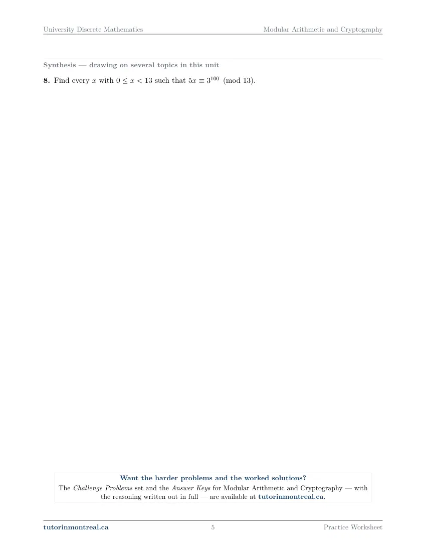 Page 5 of the University Discrete Math Modular Arithmetic and Cryptography practice worksheet