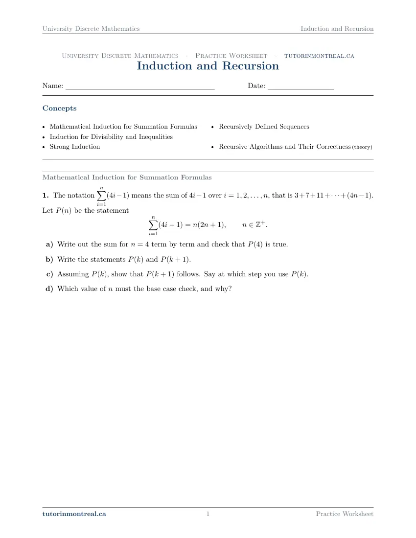 Page 1 of the University Discrete Math Induction and Recursion practice worksheet