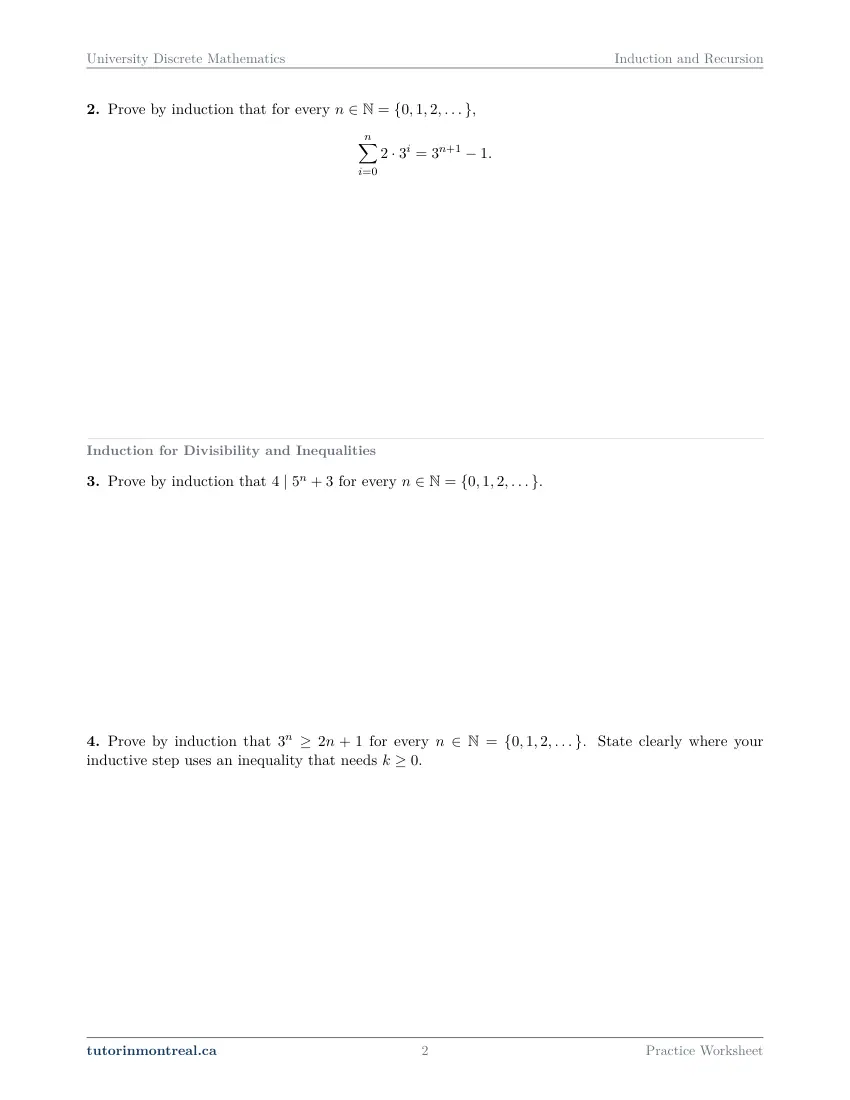 Page 2 of the University Discrete Math Induction and Recursion practice worksheet