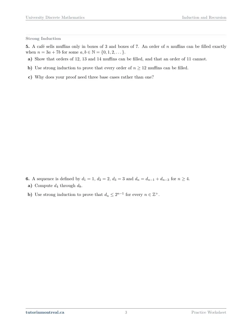 Page 3 of the University Discrete Math Induction and Recursion practice worksheet