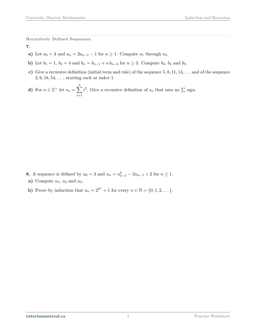Page 4 of the University Discrete Math Induction and Recursion practice worksheet