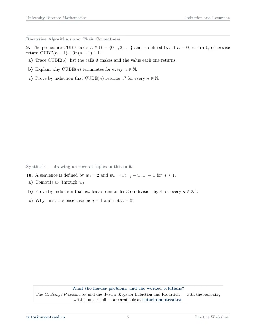 Page 5 of the University Discrete Math Induction and Recursion practice worksheet