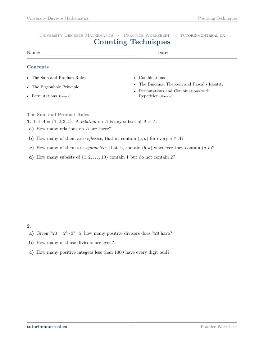 Page 1 of the University Discrete Math Counting Techniques practice worksheet
