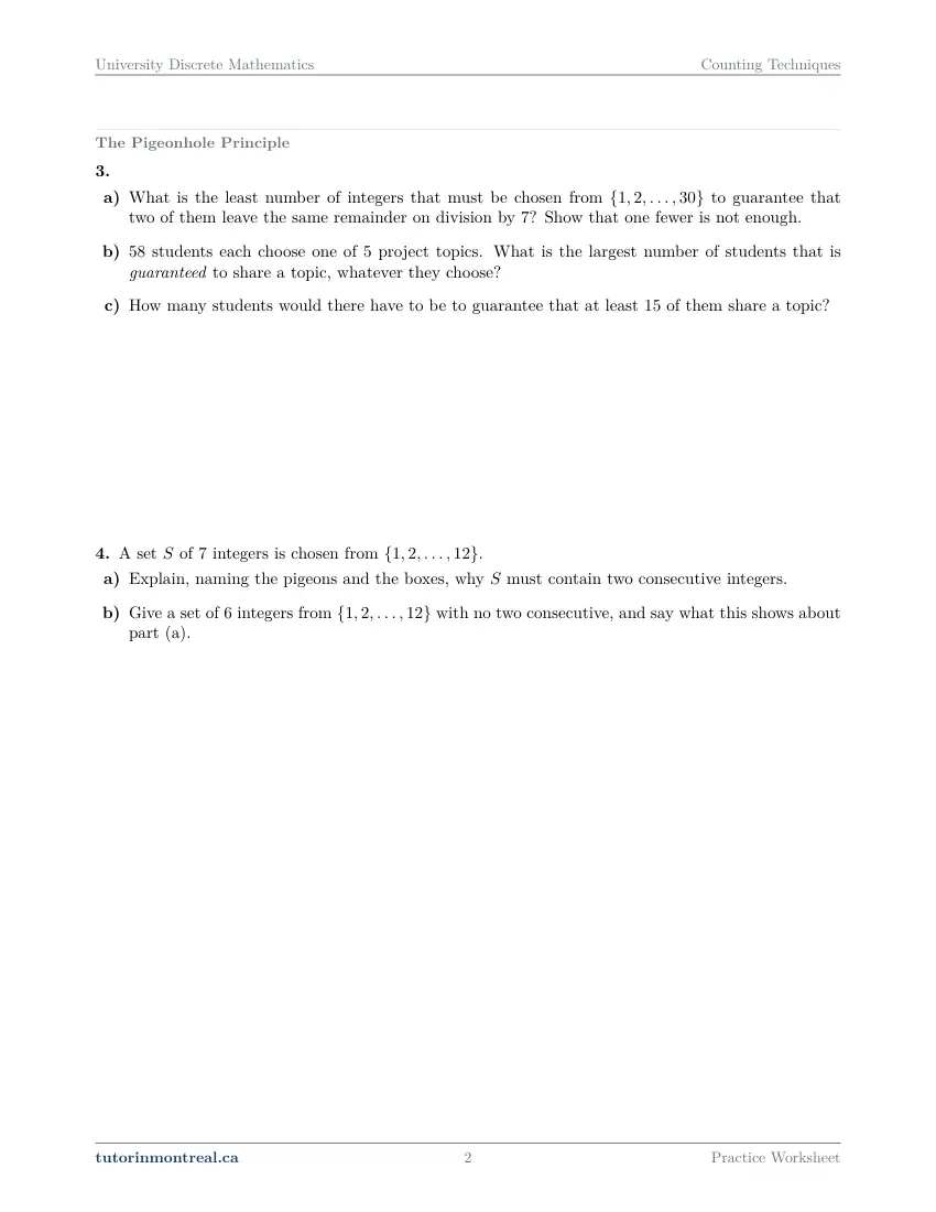 Page 2 of the University Discrete Math Counting Techniques practice worksheet