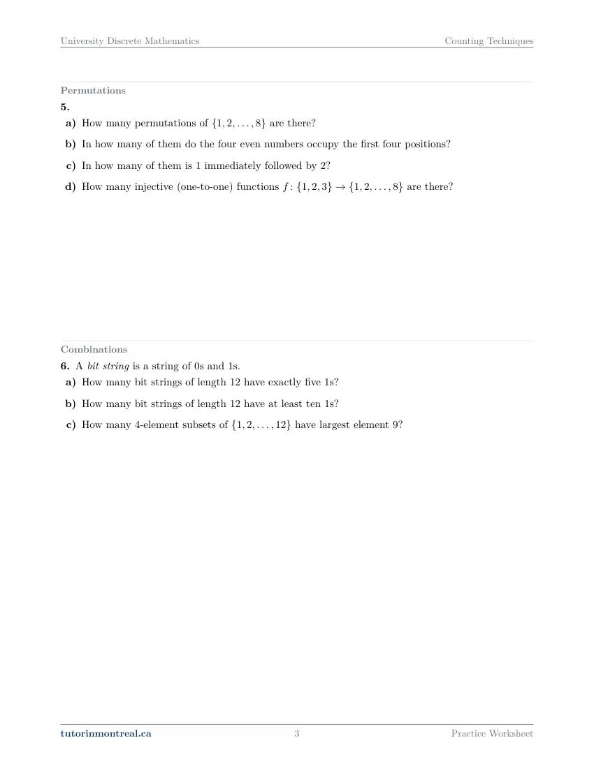 Page 3 of the University Discrete Math Counting Techniques practice worksheet