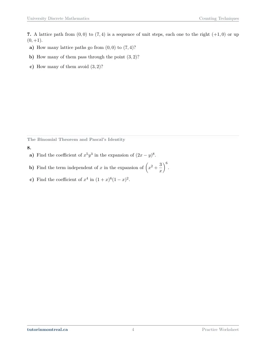 Page 4 of the University Discrete Math Counting Techniques practice worksheet
