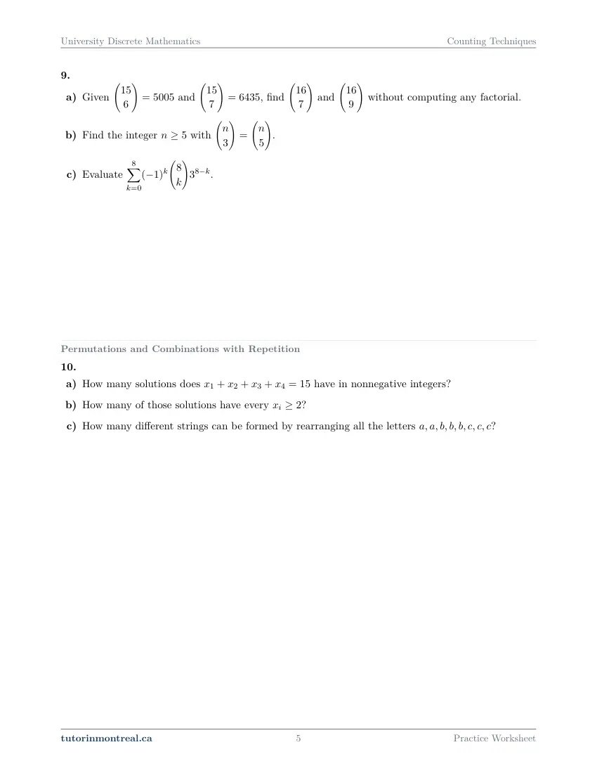 Page 5 of the University Discrete Math Counting Techniques practice worksheet
