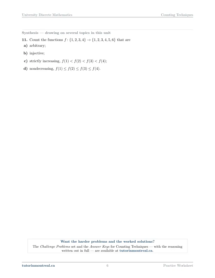 Page 6 of the University Discrete Math Counting Techniques practice worksheet