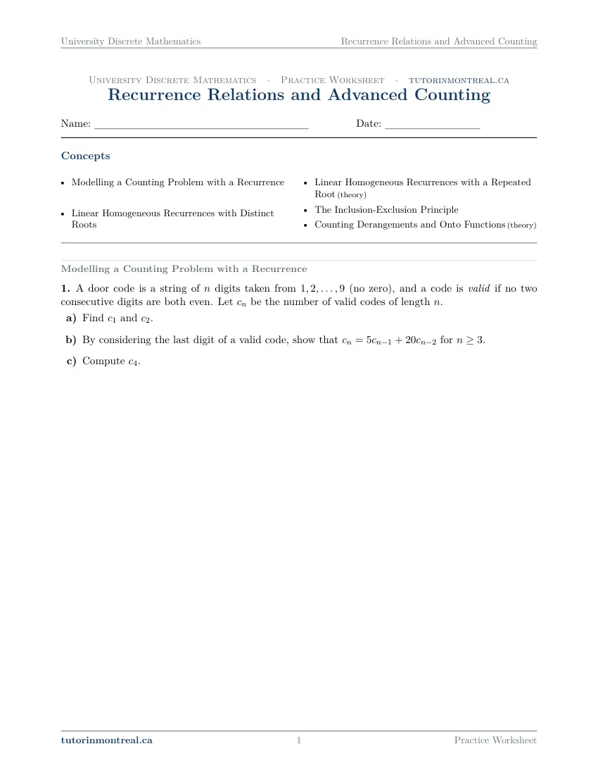 Page 1 of the University Discrete Math Recurrence Relations and Advanced Counting practice worksheet