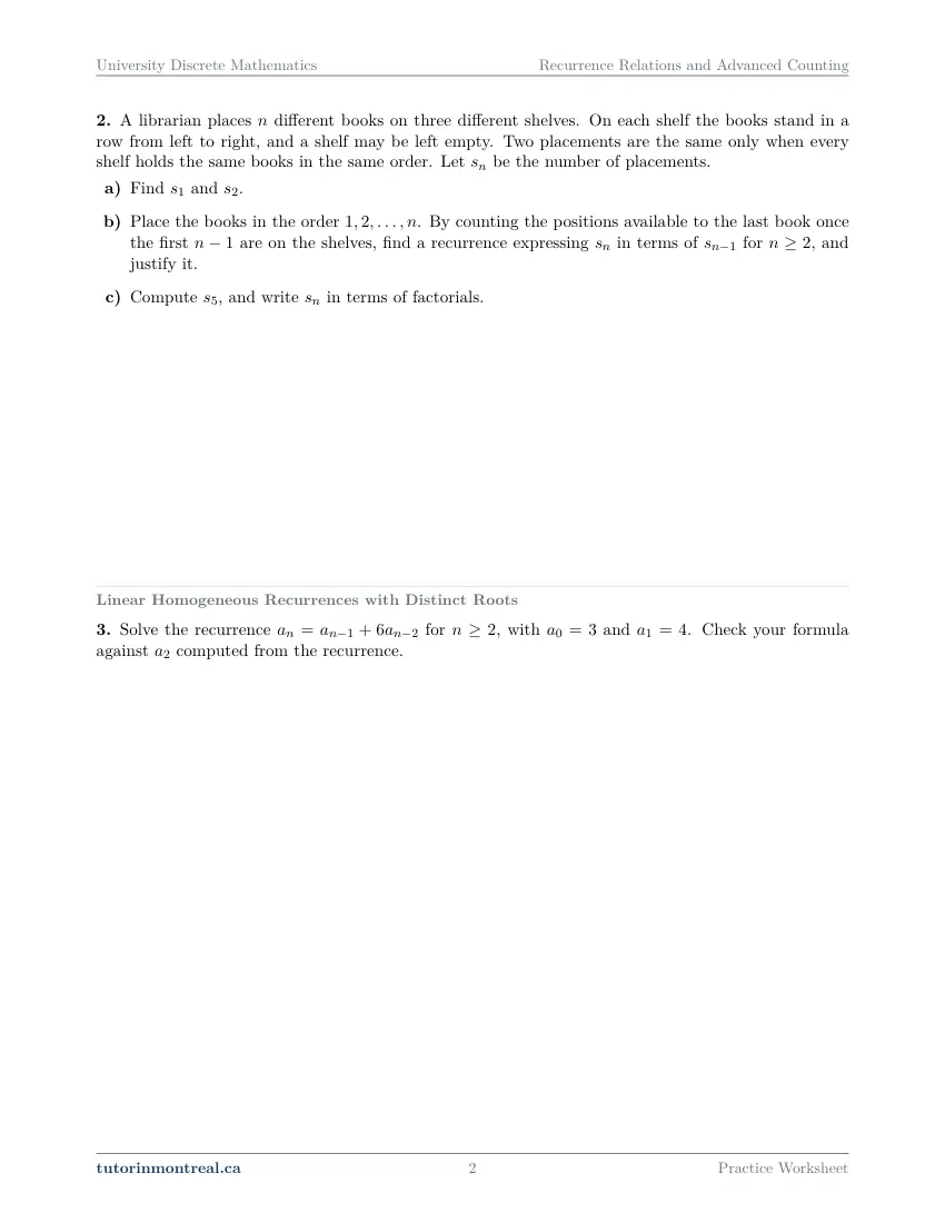 Page 2 of the University Discrete Math Recurrence Relations and Advanced Counting practice worksheet